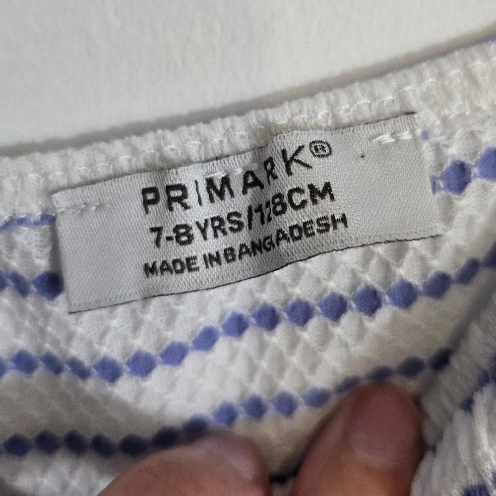 Primark Smocked Romper Girls 7-8 Blue‎ White Striped Excellent Puff Sleeve